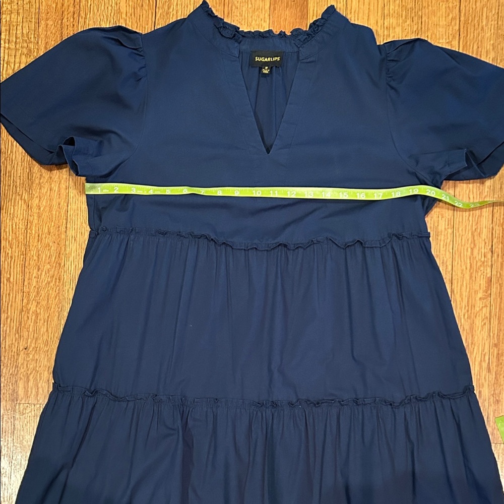 Navy Tiered Ruffle Neck Short Sleeve Dress Size Medium - Picture 14 of 16